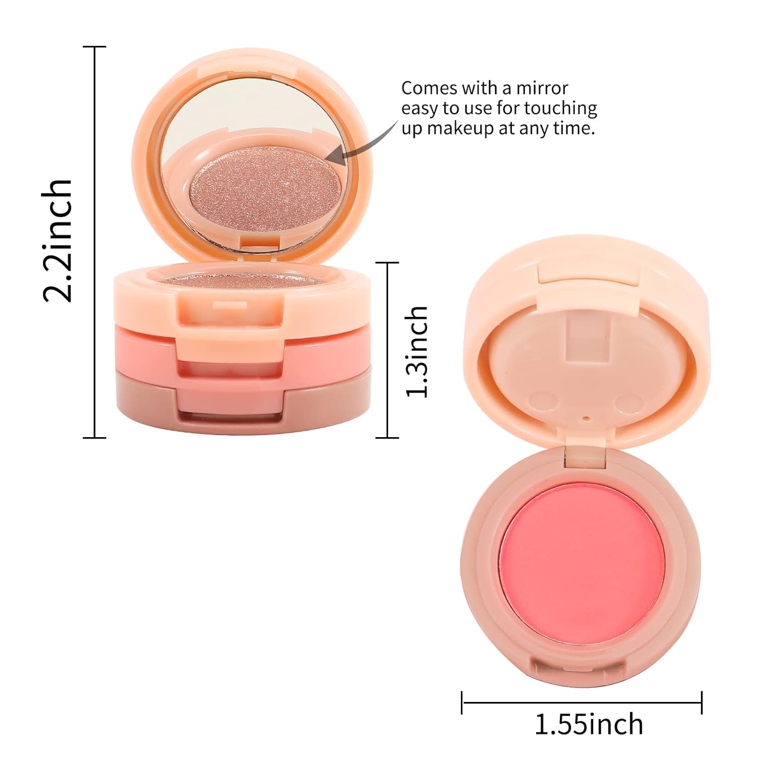 3-in-1 Matte Blush and Highlighter Palette, 2 Pearl Blushers, 1 Highlighter, pink and peach matte blusher mini compact case