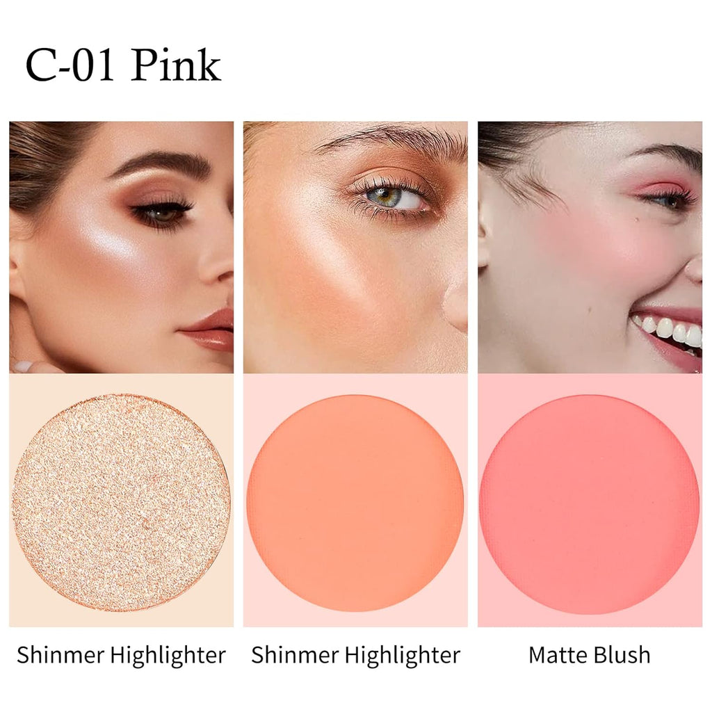 3-in-1 Matte Blush and Highlighter Palette, 2 Pearl Blushers, 1 Highlighter, pink and peach matte blusher mini compact case