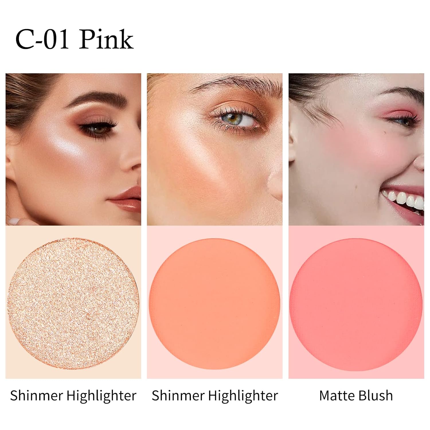 3-in-1 Matte Blush and Highlighter Palette, 2 Pearl Blushers, 1 Highlighter, pink and peach matte blusher mini compact case