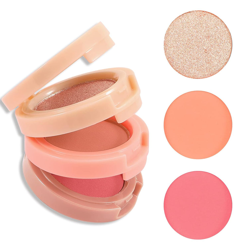 3-in-1 Matte Blush and Highlighter Palette, 2 Pearl Blushers, 1 Highlighter, pink and peach matte blusher mini compact case
