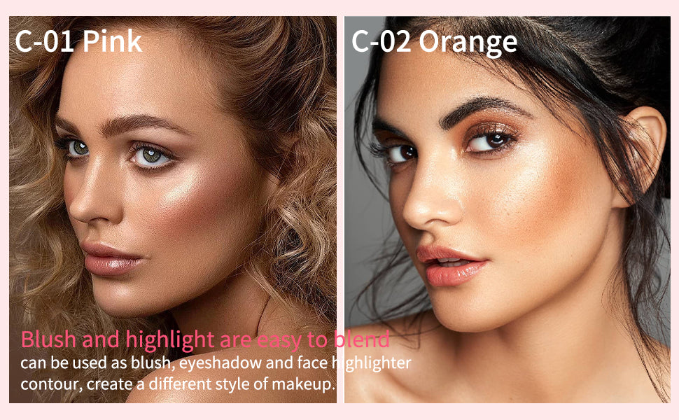 3-in-1 Matte Blush and Highlighter Palette, 2 Pearl Blushers, 1 Highlighter, pink and peach matte blusher mini compact case